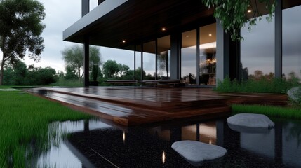 Fototapeta premium Modern home exterior with a zen-like patio and water feature. 