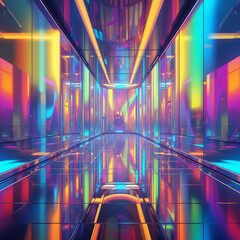 Futuristic Neon Glowing Corridor with Reflections