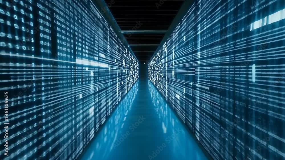 Poster innovative data center corridor illuminated by digital streams of information technology with an adv