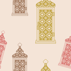 Editable Outline Style Arabian Lamps Vector Illustration With Various Colors as Seamless Pattern for Creating Background of Islamic Occasional Theme Such as Ramadan and Eid or Arab Culture