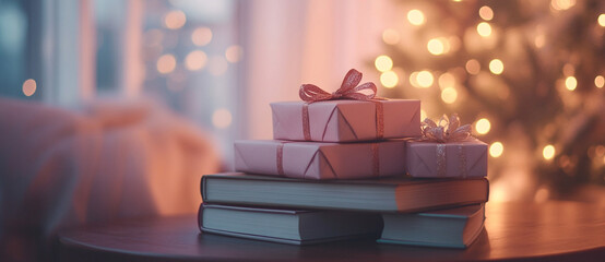 Cozy Christmas Gifts on Books Festive Presents Near a Sparkling Tree