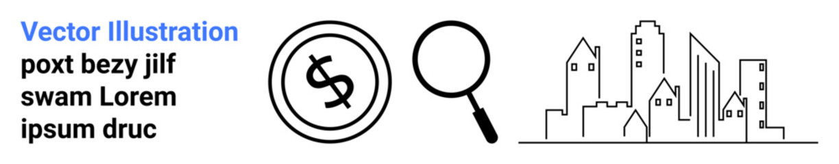 Coin featuring dollar symbol, magnifying glass, and minimalist cityscape. Ideal for finance, urban planning, real estate, research, economy business growth and analytics. Abstract line flat