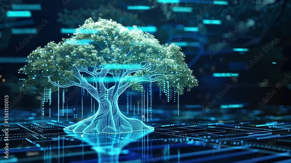 Poster digital tree futuristic representation of growth and innovation in nature, merging technology and da