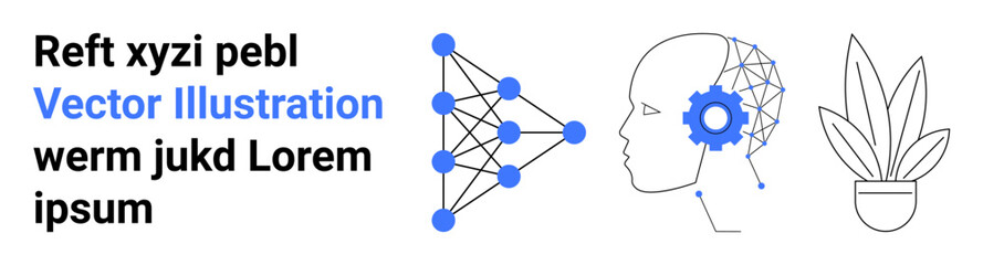 Neural network structure connected to human head with gear symbolizing AI, potted plant adding natural element. Ideal for technology, AI, innovation, learning, progress, creativity, flat landing page