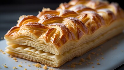 Delicate puff pastry dessert with sugary accents, showcasing flaky perfection