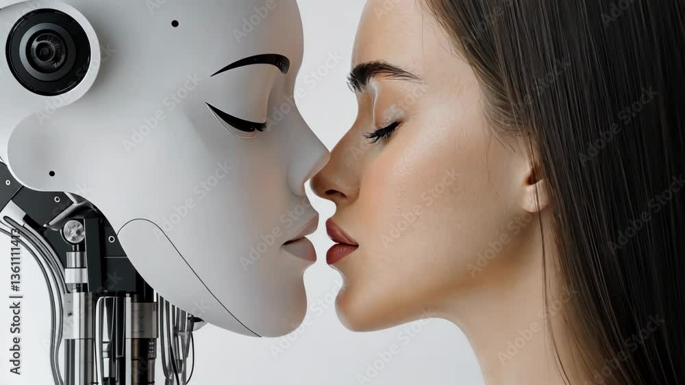 Poster close encounter between human and robot in a futuristic interaction exploring emotions and technolog