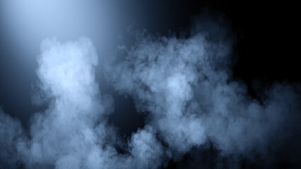 Divine light through a dark fog. The rays beam light on the floor. Spotlight on isolated background.