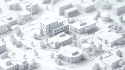 High-angle, close-up view of a monochromatic architectural model depicting a cityscape. The model consists of various buildings of varying sizes and shapes, rendered in a uniform white color.  The