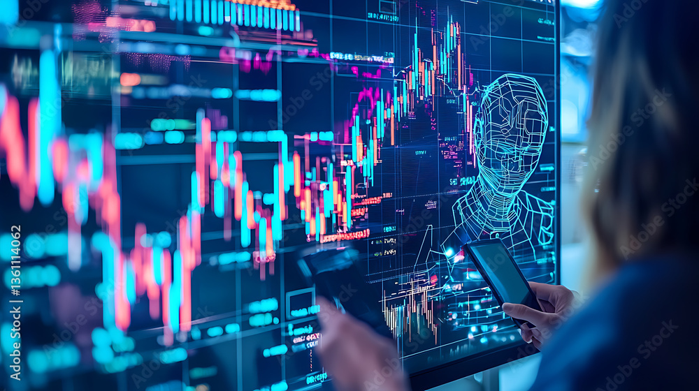 Poster analyzing financial data trends digital workspace infographic high-tech environment close-up view da