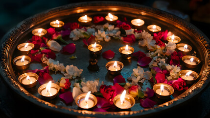 Atop a large, ornate metal tray, numerous small candles are lit, nestled amongst red and white flower petals. The soft glow creates a serene and spiritual ambiance.
