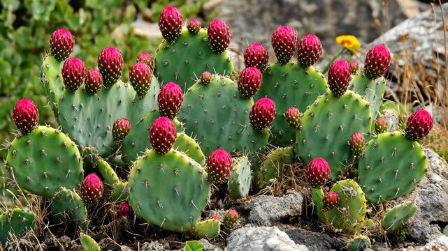 Brightly colored cactus plants showcasing vibrant red fruit in a rocky desert landscape during sunny weather