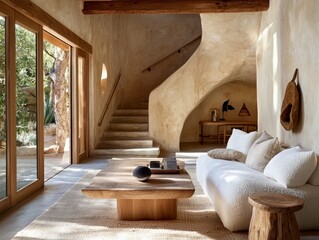 Embrace the serenity of a minimalist living room, where natural elements intertwine to create a haven of tranquility and warmth The soft textures and earthy tones evoke a sense of calm and