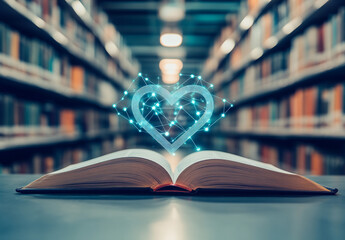 Open Book with Glowing Heart Shape in Library Education, Love of Reading Concept