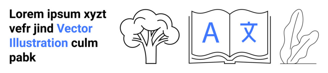 Open book with text characters, tree, leaf, and placeholder text for showcasing language learning, education, nature, growth, diversity, minimal design and simple landing page