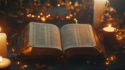 Obraz premium Open Holy Bible Book with Candles and Fairy Lights, Spiritual Reading Scene