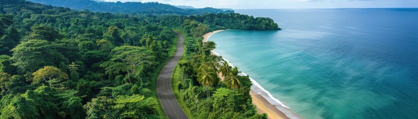 Fototapeta premium A scenic coastal view featuring lush greenery, a winding road, and a tranquil beach meeting the ocean under a clear sky.