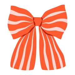Striped red bow isolated on transparent background. Trendy hair braiding accessory. Perfect for festive packaging and birthday designs, greeting cards. Hand drawn vector illustration.