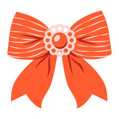 Cute red striped bow isolated on transparent background. Trendy hair braiding accessory. Perfect for festive packaging and birthday designs, greeting cards. Hand drawn vector illustration.