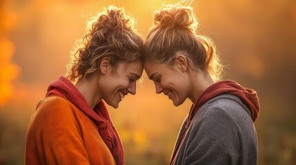 Fototapeta premium Golden Hour Friendship Two Women Embrace Joyful Connection