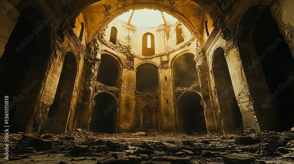 Poster exploring the haunting remnants of an ancient structure with crumbling walls and beams of light pier