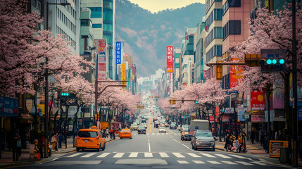 Fototapeta premium Serene Cherry Blossom Scenery in Seoul, South Korea