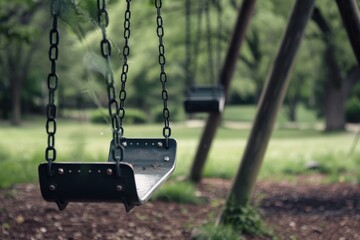 A tranquil scene of empty swings in a park, surrounded by lush greenery, evoking feelings of nostalgia and peaceful solitude.