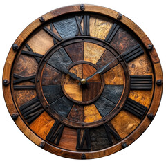 Rustic Style Wooden Wall Clock with Roman Numerals on Transparent Background