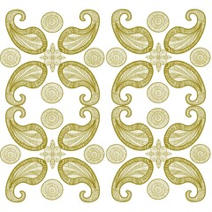 seamless floral pattern This image features a repeating artistic pattern with curved, Thai or paisley-like leaf motifs, detailed linework, and decorative circles. It uses a gold or olive-green 