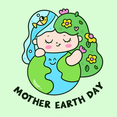 mother earth day. International earth Day kids with kawaii girl cartoon hug globe