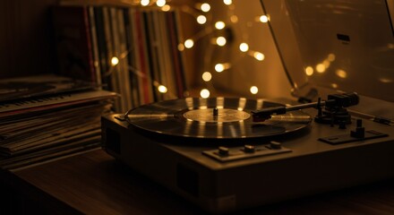 Obraz premium Vintage Record Player with Spinning Vinyl and Warm Fairy Lights – Nostalgic and Artistic Atmosphere 
