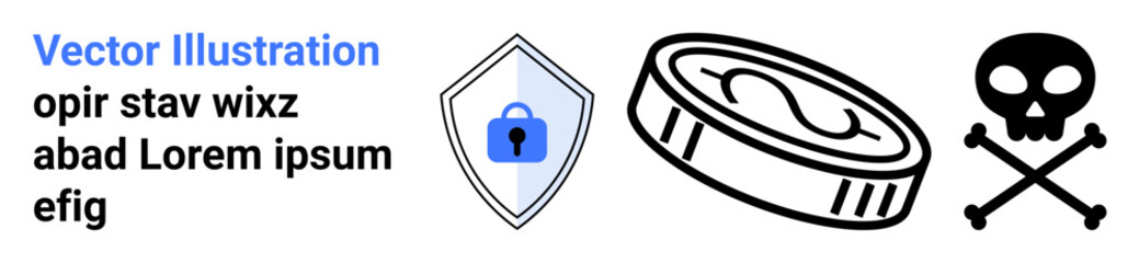 Shield with lock for protection, coin representing finance, and skull crossbones symbolizing risk or danger. Ideal for cybersecurity, finance caution, threats, warnings, wealth protection, digital