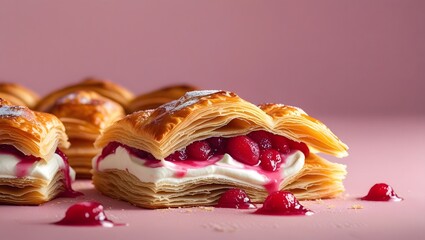 Delicious Puff Pastry Dessert with Cream and Berries on a Pink Backdrop