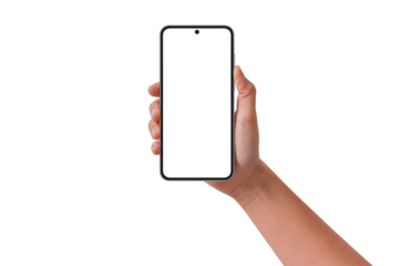 Hand holding smartphone with blank screen isolated on transparent background.
