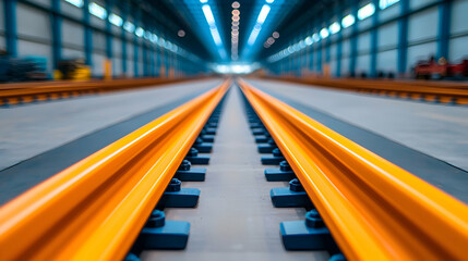 Orange Train Tracks in Modern Industrial Facility