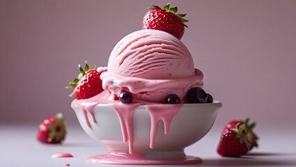Delicious strawberry ice cream sundae with fresh fruit toppings dessert
