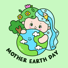 Fototapeta premium mother earth day. International earth Day kids with kawaii girl cartoon with river and florest