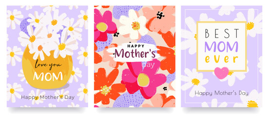 love you mom, hapy Mother's Day greeting card set, spring eve cover, poster, banner, hand drawn modern creative design. Template for celebration  cute vector illustration