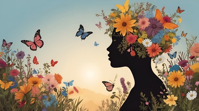 The image symbolizing mental health as a flourishing garden. Use vibrant flowers and plants growing out of a human silhouette 