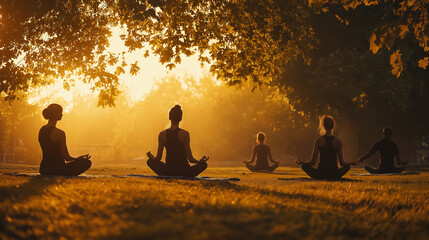 Diverse individuals in yoga poses at dawn, early morning sunlight creating a golden hue in the park, grass underfoot