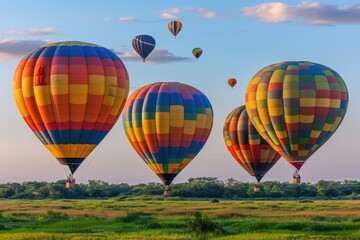 Naklejka premium Colorful hot air balloons float in a clear sky above lush green fields, creating a vibrant and serene landscape.