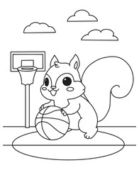 Coloring book squirrel playing basketball with a ball and hoop under a cloudy sky