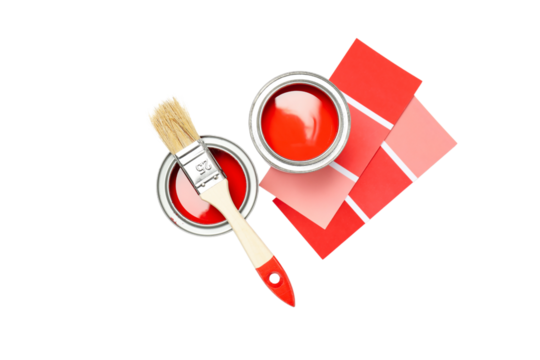 A paintbrush and two cans of paint with color samples, isolated on white, PNG