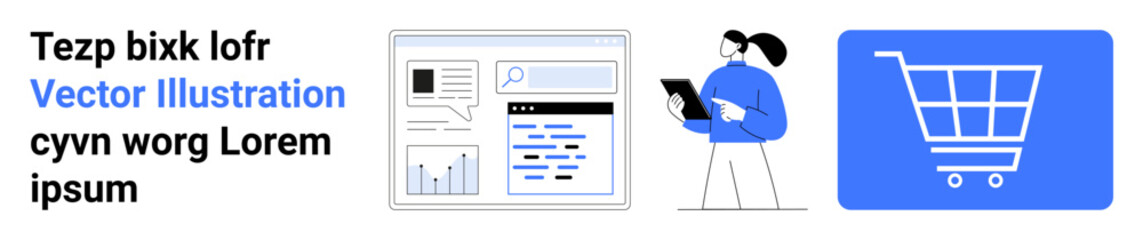 Digital screen with charts, woman holding tablet, and shopping cart graphic. Ideal for e-commerce, data analysis, online shopping, business strategy, marketing, technology simple landing page