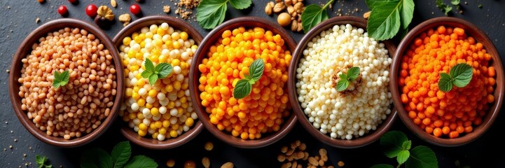 Colorful mix of whole grains and seeds in different dishes, whole grain, plant-based, diet
