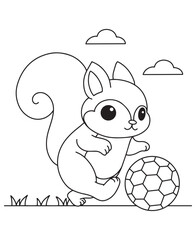 Coloring book squirrel playing soccer with a ball under a cloudy sky. Fun line art for coloring