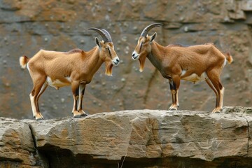 Obraz premium Two graceful goats stand on a rocky ledge, showcasing their curved horns and distinctive features against a rugged backdrop.