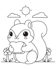 Coloring book squirrel holding a slice of bread among flowers under a sunny sky. Fun line art for coloring