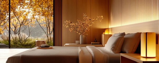 Experience serene autumn bedroom interior design, featuring warm lighting and exquisite wooden works The minimalist aesthetic embraces natural elements, creating a tranquil ambiance Gaze upon the