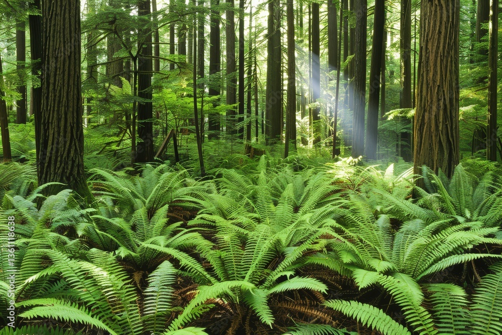 Poster a serene forest scene with tall trees and lush ferns, illuminated by soft sunlight filtering through