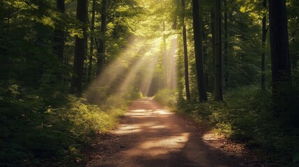 Obraz premium Serene forest path with sunlight filtering through tall trees, natural light dynamics and detailed foliage textures under canopy